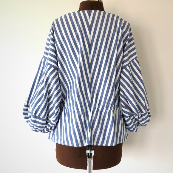 Blue and White Striped Top with Balloon Sleeves - Picture 3 of 5